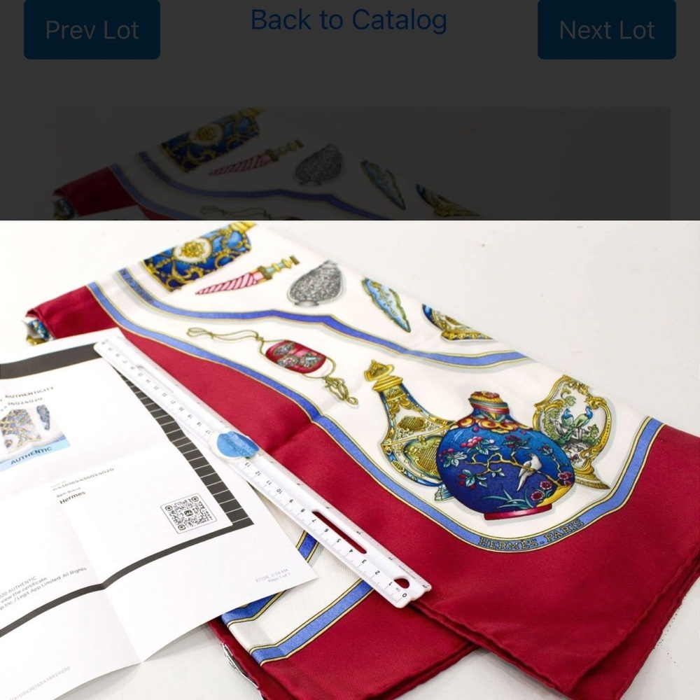 Authentic Hermès Silk Scarf in Red, Blue and Gold Floral Frame with COA.